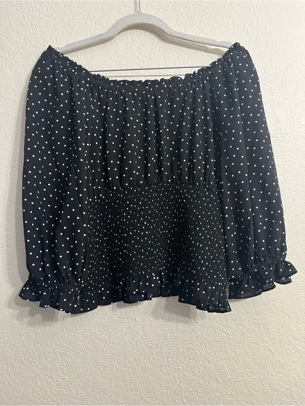 1. State Black and White Polka Dot Off-Shoulder Smocked Blouse - Picture 6 of 6